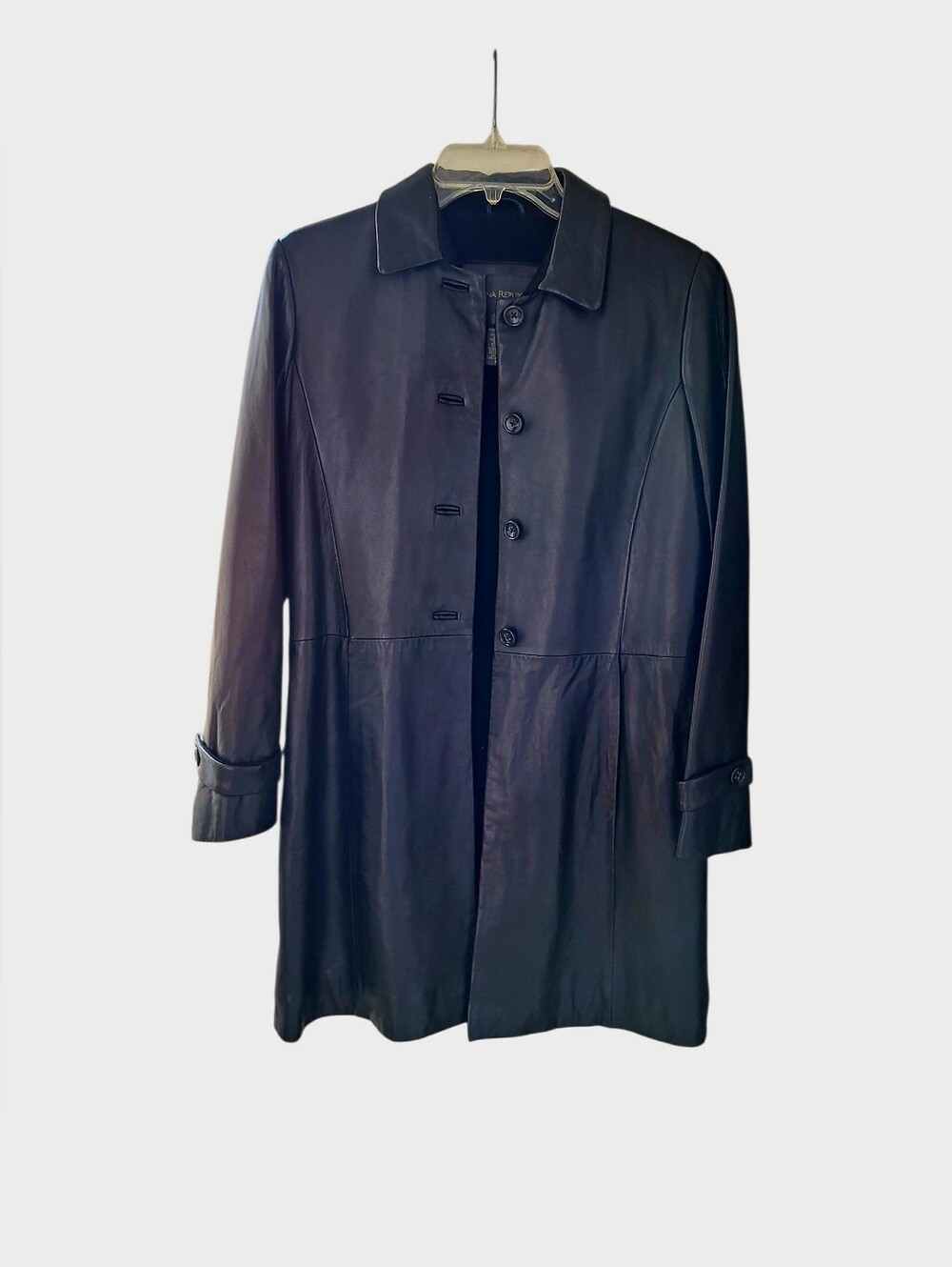 Vtg 90s Banana Republic Leather Trench Coat Mid Button Minimalist Women XS Black